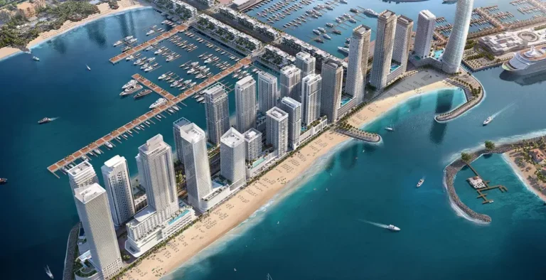 Panoramic view of Beachgate by Address overlooking the Arabian Gulf and Dubai Marina skyline