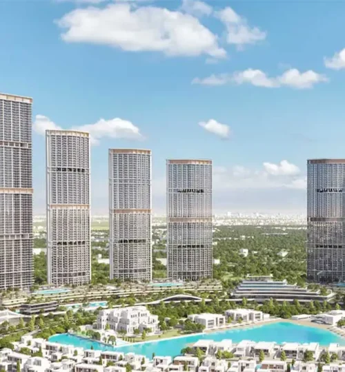 RPanoramic view of Beachgate by Address overlooking the Arabian Gulf and Dubai Marina skyline