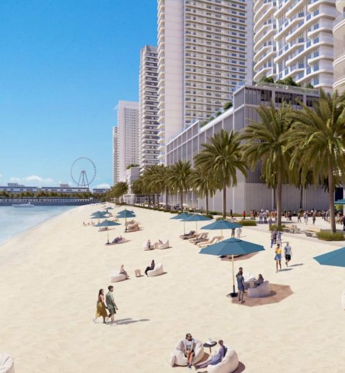 Wide shot showing apartments amidst lush landscapes